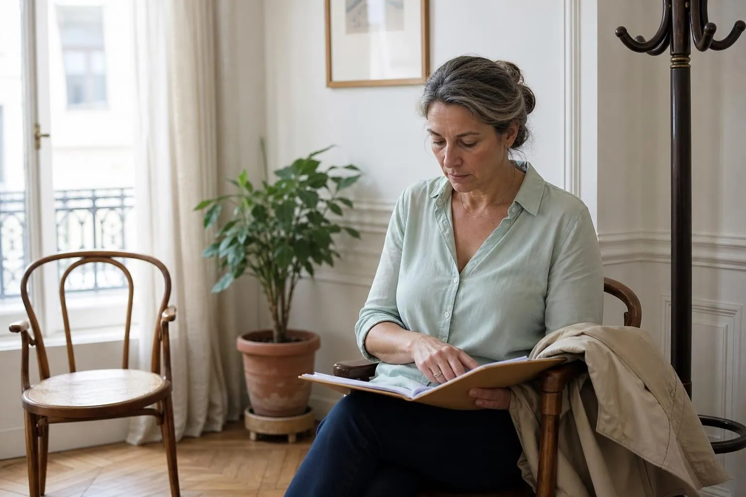 Femme de la cinquantaine assise dans une salle d’attente claire de cabinet paramédical, un dossier de papiers sur les genoux