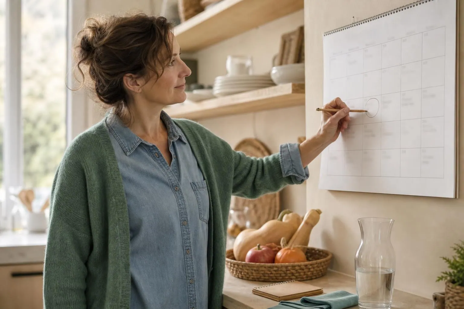 Femme d’une quarantaine d’années entourant des dates au crayon sur un calendrier mural, dans une cuisine claire