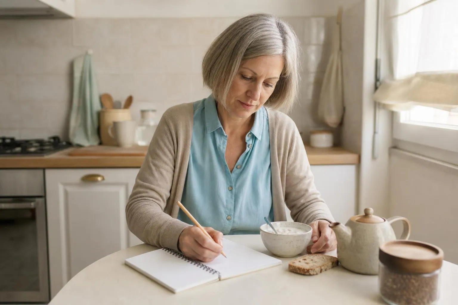 Femme d’une cinquantaine d’années remplissant un carnet à colonnes au petit déjeuner, dans une cuisine claire