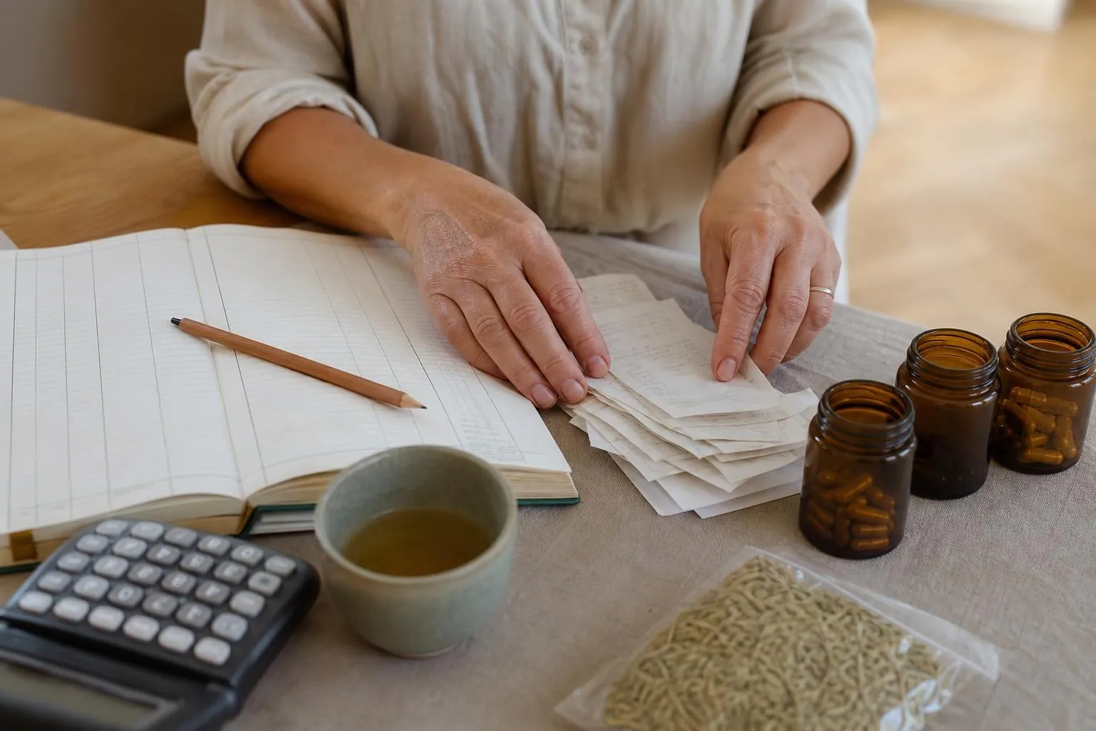 Mains d’une femme de la cinquantaine posant des tickets de caisse et un carnet de comptes sur une table de bois clair
