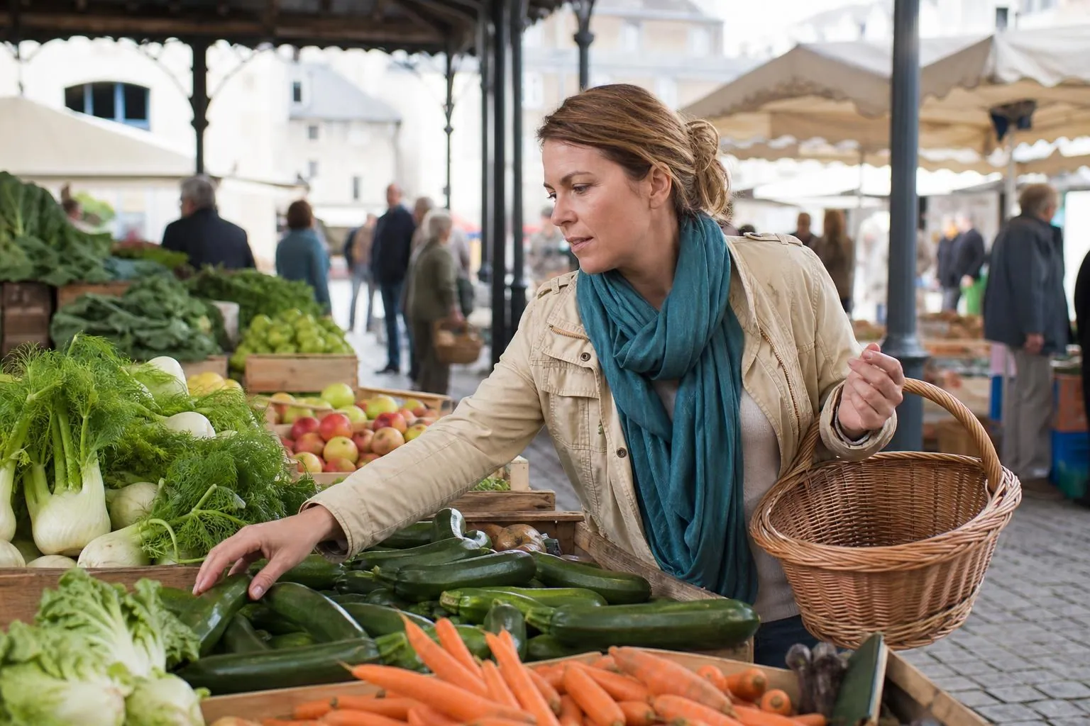 Femme d’une quarantaine d’années choisissant des légumes sur un étal de marché en plein air, cagettes de bois autour d’elle