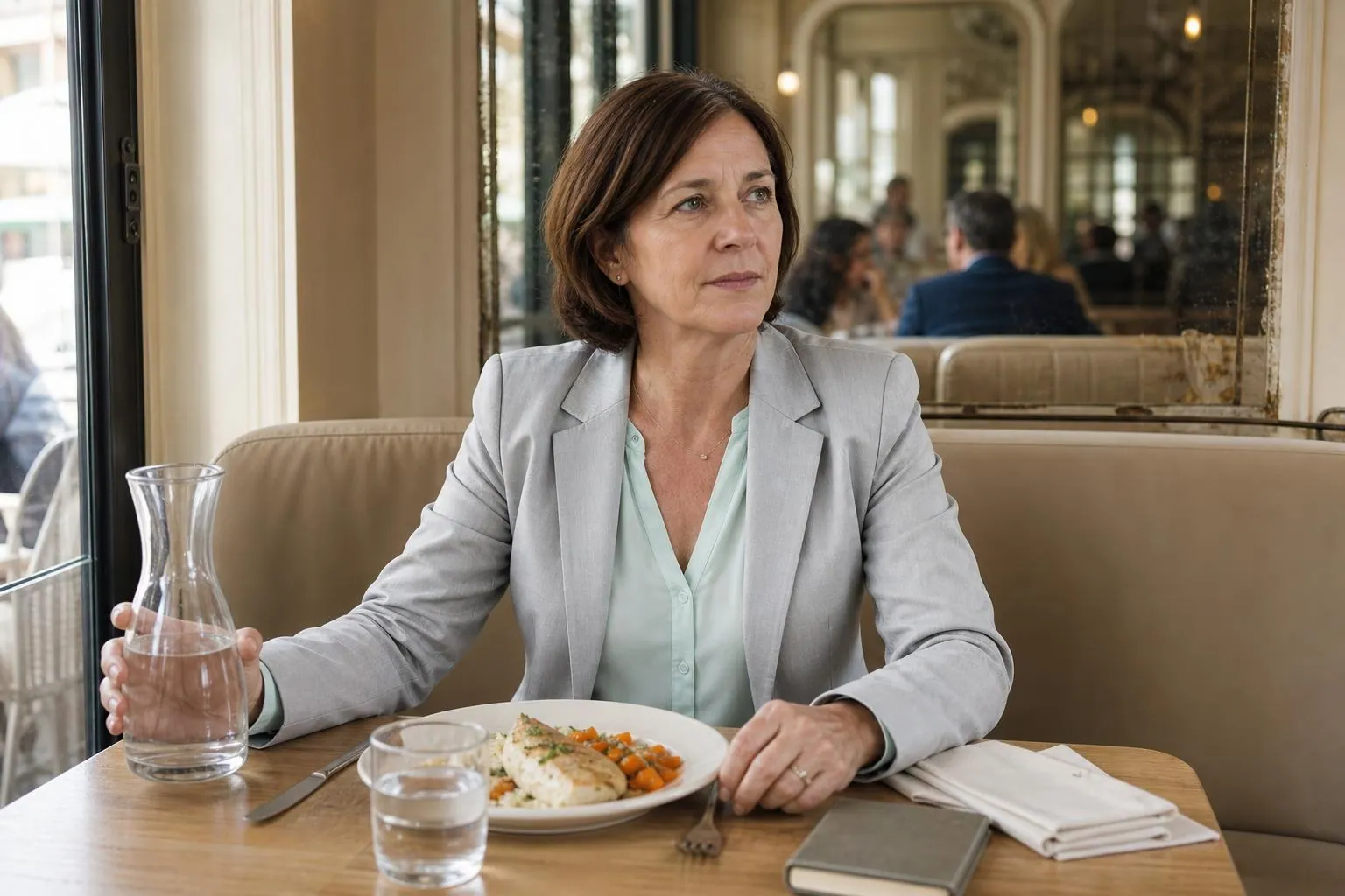 Femme d’une cinquantaine d’années déjeunant seule à une table de brasserie claire, carafe d’eau et plat simple devant elle