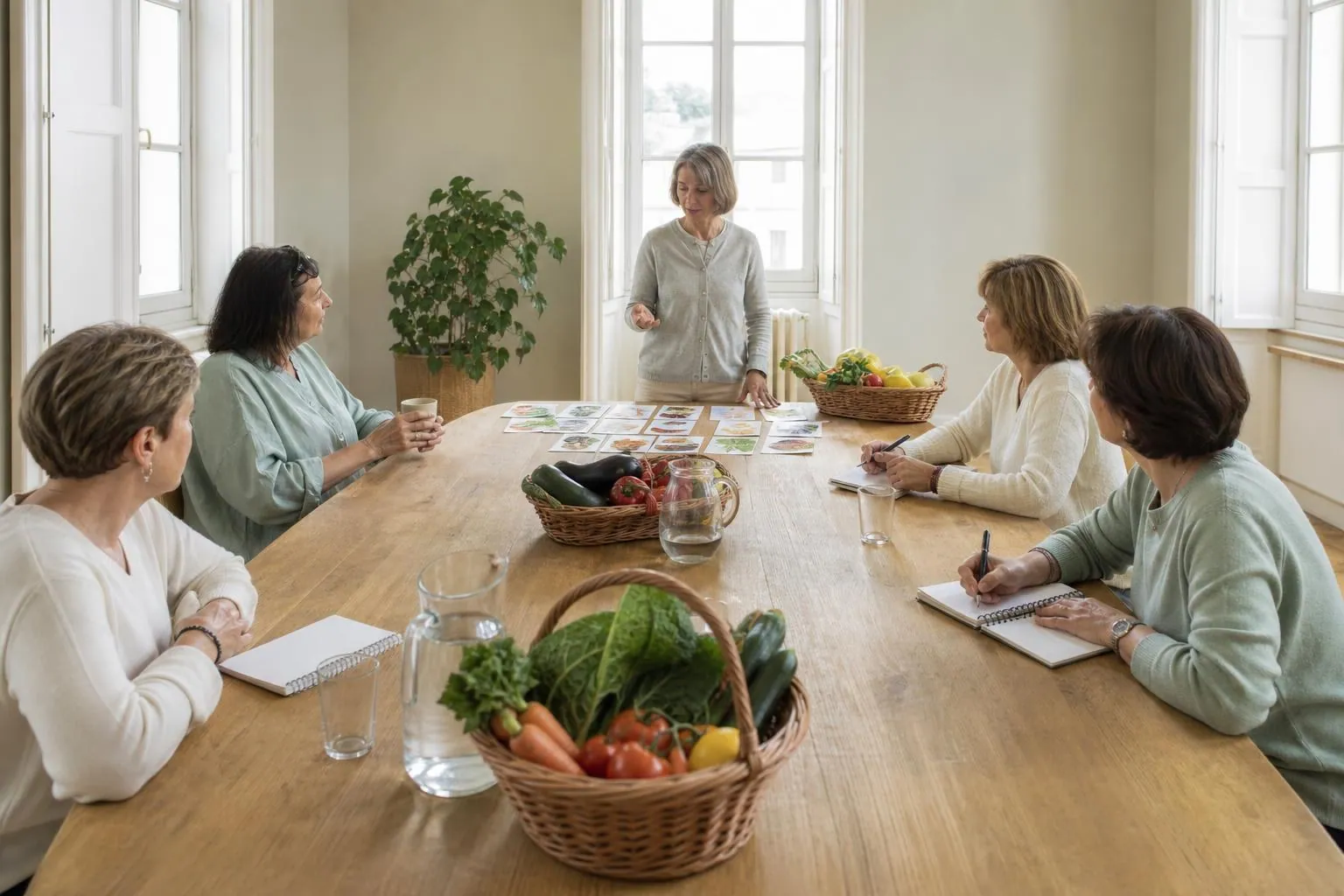 Petit groupe de femmes de quarante à soixante ans autour d’une table lors d’un atelier de diététique dans une salle claire