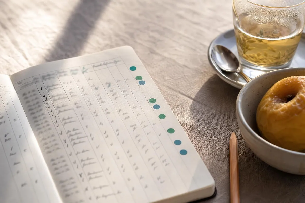 Gros plan d’une double page de carnet de suivi digestif avec colonnes tracées, pastilles de couleur en marge et verre d’infusion de fenouil